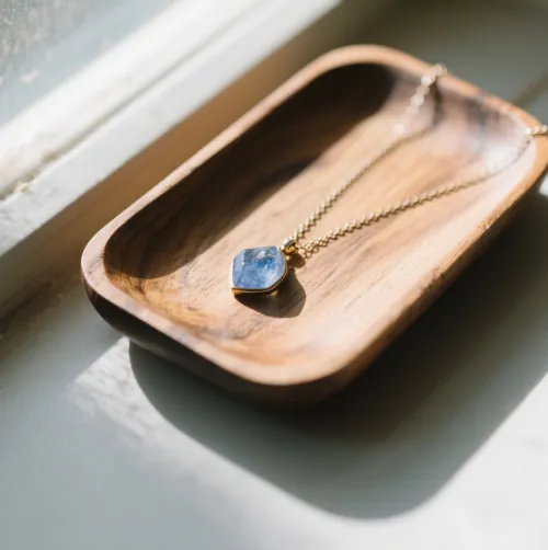 Hand holding kyanite bracelet near plants