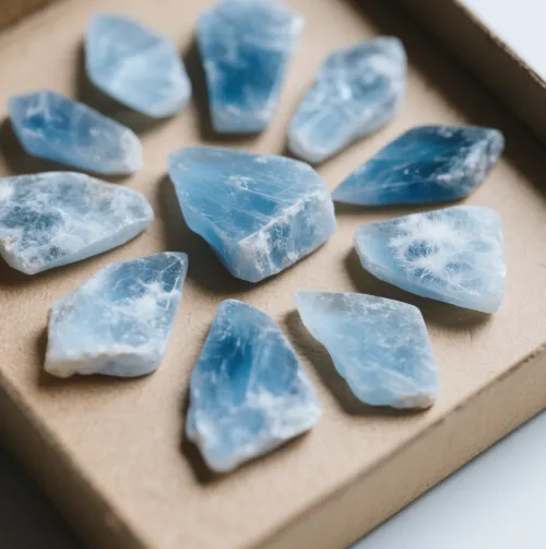 Hands gently holding blue kyanite near glass carafe filled with pure water